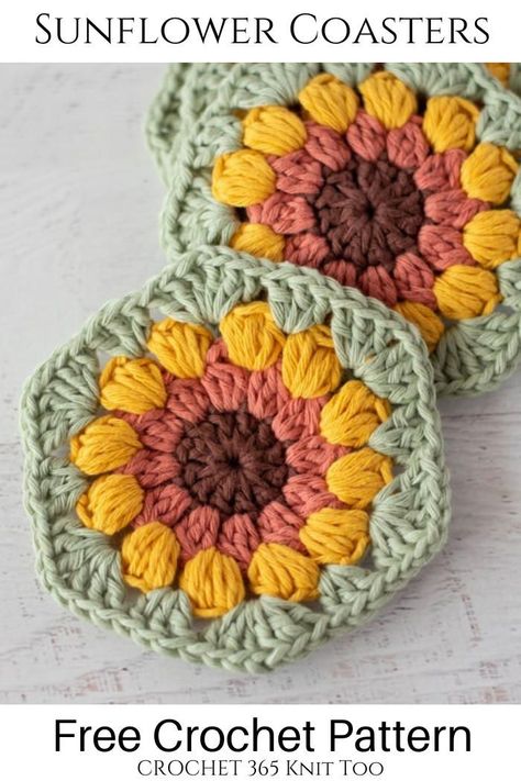 How cute and simple are these beautiful sunflower coasters? #crochet #crochetpattern #crochet365knittoo #freecrochetpattern #crochetcoaster #crochetcoasterpattern #freecrochetcoasterpattern #crochetsunflower #crochetsunflowerpattern #freecrochetsunflowerpattern #crochetflower #crochetflowerpattern #freecrochetflowerpattern #crochetflowercoaster #crochetflowercoasterpattern #kitchencrochet #crochethomedecor Sunflower Hexagon Crochet Free Pattern, Sunburst Hexagon Crochet, Crochet Sunflower Coaster Pattern, Crochet Sunflower Coaster, Crochet Motives, Crochet Conversion Chart, Sunflower Coaster, Sunflower Coasters, Hexagon Crochet