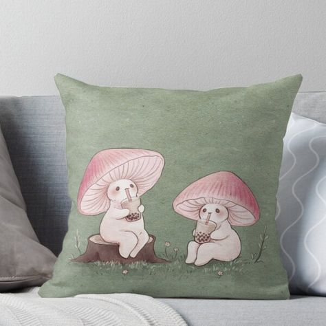 Super soft and durable 100% spun polyester Throw pillow with double-sided print. Cover and filled options. Two cute mushroom friends chilling with some boba tea!! Mushroom Room Decor, Cottagecore Bedroom Decor, Goth Bed, Mushroom Pillow, Dream Dorm Room, Fairy Bedroom, Fall Room Decor, Random Clothes, Cute Mushroom