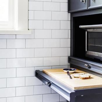 Pull Out Shelf Under Toaster Oven Design Ideas Built In Toaster Oven And Microwave, Microwave Toaster Oven Cabinet, Toaster Oven In Cabinet, Built In Toaster Oven, Toaster Oven Cabinet, Toaster Oven Storage, Microwave Cubby, Dark Gray Grout, White Subway Backsplash