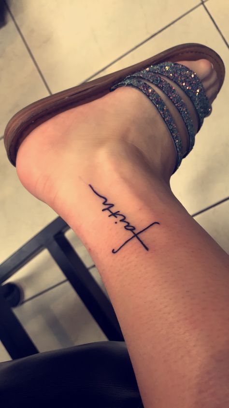 Faith Ankle Tattoos For Women, Walk By Faith Tattoo, Walk By Faith Foot Tattoo, Faith Foot Tattoos, Faith Tattoos, Fear Tattoo, Cross Tattoo On Wrist, Couple Tattoos Love, Small Foot Tattoos