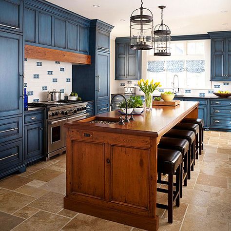 Blue and Brown Kitchen--then have expansion table extra to take care of guests. Contrasting Kitchen Island, Painted Kitchen Island, Espresso Kitchen Cabinets, Bold Kitchen, Clean Kitchen Cabinets, Small Kitchen Island, Blue Kitchen Cabinets, White Kitchen Island, Modern Kitchen Island