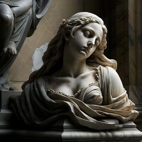 The picture shows a woman a beautiful woman with no lower body, head turned to the left, made of marble with very beautiful folds Ancient Roman Statues Women, Classical Statues Women, Classical Sculpture Woman Statues, Roman Woman Statue, Female Statue Tattoo, Greek Women Statues, Greek Statues Women, Art Statue Aesthetic, Greek Woman Statue