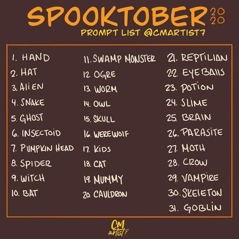 Hi all, I hope you are having a great Friday, I wanted to share with you my spooktober/inktober and I can't wait to get started!! I will be sharing my art daily with you all and I hope you good luck on your spooktober/inktober journey! . . . . . . . #promptlist #spooktober #spooktober2020 #ink #inktober #inktober2020 #octoberprompts #october #october2020 #artist #artistsoninstagram #art #arte #inkdrawing #inkdrawings #inking #inkart #inked Sketchbook Prompts, Art Journal Challenge, Sketchbook Challenge, 30 Day Drawing Challenge, 8th Grade Art, Have A Great Friday, Art Style Challenge, Creative Drawing Prompts, Drawing Prompt