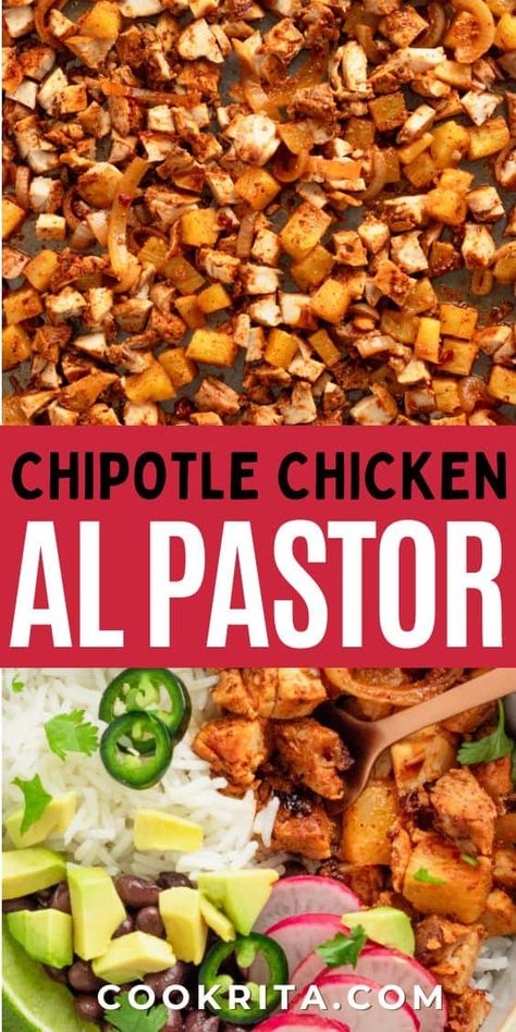 Create this quick and delicious Chipotle copycat Chicken Al Pastor for an easy make ahead dinner. Marinate chicken thighs in a zesty, earthy, and slightly spicy blend - perfect for burrito bowls, tacos, quesadillas, burritos, and beyond. Copy Cat Chicken Al Pastor Chipotle, Chicken Al Pastor Bowl, Adobo Chicken Chipotle, Chipotle Al Pastor Chicken Copycat, Chipotle Chicken El Pastor Recipe, Chicken Pastor Tacos, Chicken El Pastor Recipe Chipotle, Chipotle El Pastor Chicken, Copycat Chipotle Chicken Al Pastor