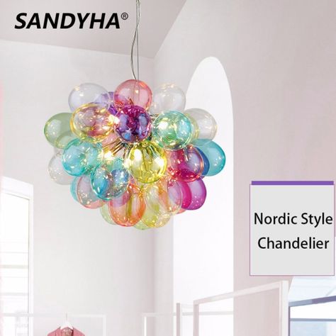 NZ$ 261.93 40％ Off | Post-modern Chandeliers Colorful Glass Ball Glossy LED Indoor Lighting Bedroom Furniture Decor Dining Living Room Pendant Lamps Colorful Modern Decor, Glass Bubble Lamp, Glass Ball Chandelier, Pink Decorations, Pendant Lamps Bedroom, Glass Ball Pendant Lighting, Ball Chandelier, Nordic Color, Ball Pendant Lighting