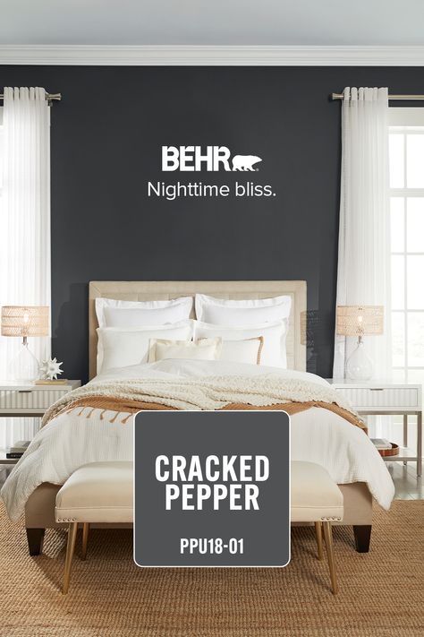 Create an elegant oasis with this sophisticated hue, Cracked Pepper. Accent Paint Wall Ideas Living Room, Cracked Black Pepper Paint, Cracked Pepper Paint Bedroom, Cracked Pepper Bedroom, Cracked Pepper Paint, Cracked Pepper Behr, Lake House Paint Colors, Color Of The Year 2024, Chicago Interiors