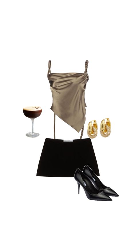 Fashion Magazine Aesthetic, Elegant Date Night Outfit, Silk Top Outfit, Magazine Aesthetic, Classy Going Out Outfits, Black Mini Skirt Outfit, Drinks Outfits, Bar Outfit, Vegas Outfit