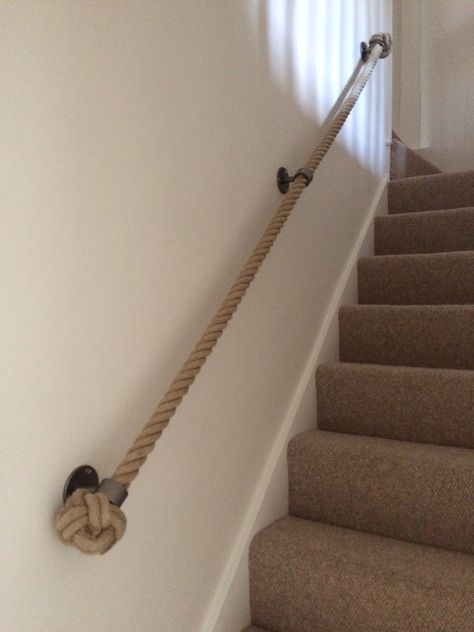 36mm natural hemp with brushed steel blacksmith bracets (with stem) and manrope knots both ends Vstupná Hala, Stair Railing Design, Basement Stairs, Stair Case, Stair Handrail, Staircase Railings, Diy Stairs, Lan Can, Cv Design