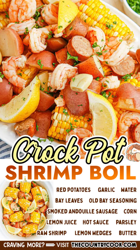 Shrimp boils don’t have to be hard and labor intensive! This Crock Pot Shrimp Boil is nearly effortless. Indulge in a flavorful feast any night of the week with this hassle-free recipe! Shrimp Crock Pot Recipes, Crock Pot Shrimp Boil, Cajun Shrimp Boil Crock Pot, Instapot Shrimp Boil Easy, Crockpot Shrimp Boil, Selena Recipes, Boil Shrimp For Shrimp Cocktail, Easy Shrimp Boil Recipe On Stove, Crockpot Seafood