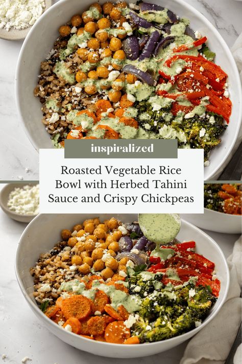 Roasted Vegetable Rice Bowl with Herbed Tahini Sauce and Crispy Chickpeas - Inspiralized: healthy, veggie-forward recipes with a bit of motherhood realness. Tahini Rice Bowl, Roasted Vegetable Rice Bowl, Vegan Roasted Veggie Bowl, Roasted Chickpea And Veggie Bowl, Roasted Veggie Chickpea Bowls With Maple Dijon Tahini, Roasted Vegetable And Chickpea Bowl, Roasted Cauliflower And Chickpeas With Herby Tahini, Inspiralized Recipes, Vegetarian Bowls