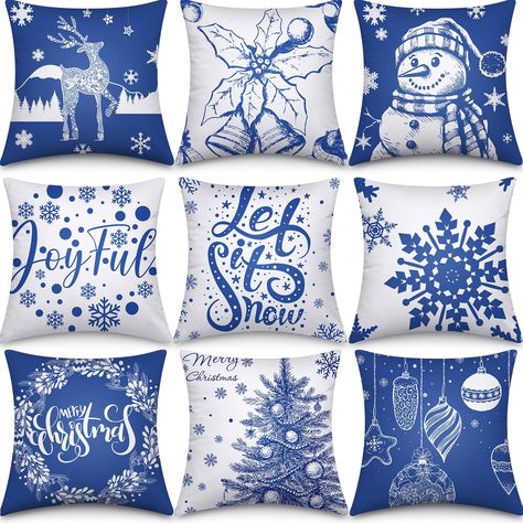 PRICES MAY VARY. Polyester Nice Combination: the package comes with 9 pieces of Christmas pillow covers in 9 different styles, sufficient quantity can meet your using and replacing needs, and you can put them to your whole house for decor Christmas Theme Design: the couch pillow cover is in classic Christmas colors, and the surface is printed with elk, snowman, Christmas tree, bells and more, which are full of Christmas atmosphere Soft to Use: our holiday pillow covers are mainly made of polyest Blue Christmas Bedroom Decor, Farmhouse Sofa, Holiday Pillows Covers, Holiday Pillow, Couch Pillow Covers, Home Pillow, Christmas Cover, Christmas Throws, Christmas Atmosphere