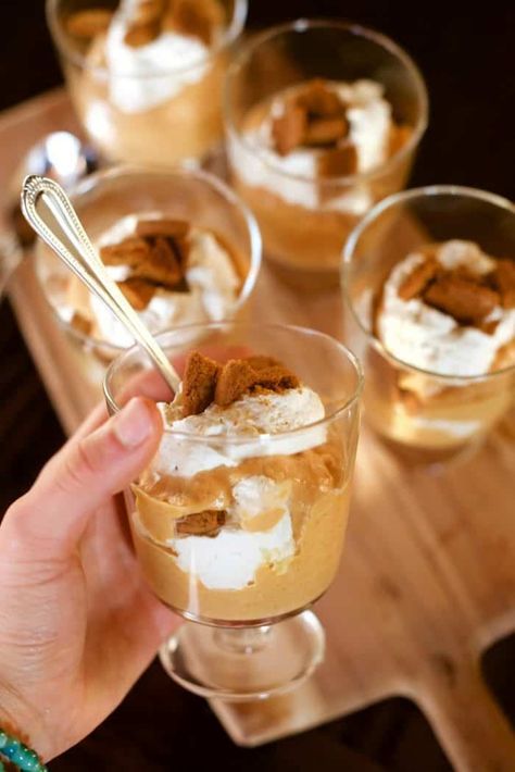 Pumpkin Gingersnap Crunch Parfaits Recipe Pumpkin Parfait Healthy, Light Thanksgiving Desserts, Pumpkin Parfait, Healthy Parfait, Light Dessert, Pumpkin Mousse, Pumpkin Pie Mix, Parfait Recipes, Fall And Thanksgiving