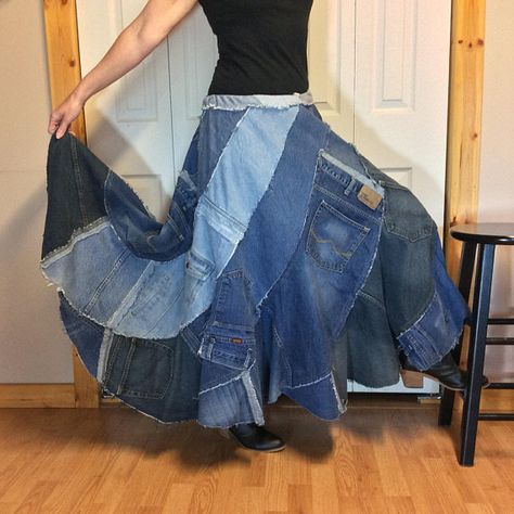 Upcycled Denim Maxi Skirt, Plus Size Jean Skirt, Long Patchwork Skirt, Recycled Jeans, Refashioned Clothes, Womens One Size Fits L-XL-1X Plus Size Jean Skirt, Denim Skirt Pattern, Jean Skirt Long, Maxi Skirt Plus Size, Diy Denim Skirt, Cowgirl Skirt, Fitted Denim Skirt, Long Denim Dress, Patchwork Denim Skirt