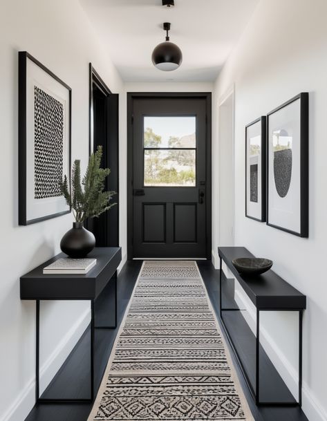 Hallway Dark Floor, Long Hallway Decorating Entry Ways, Front Hallway Ideas, Dark Hallway Ideas, Unique Decorating Ideas, Apartment Corridor, Black And White Hallway, Dark Hallways, Modern Hallway Design