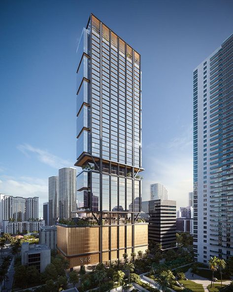 SOM unveils terraced tower '848 brickell' for modern miami offices Highrise Buildings Architecture, Iconic Buildings Architecture, Icon Architecture, Glass Tower, Shop Architects, Modern Miami, Modern Skyscrapers, Mix Use Building, Tall Buildings