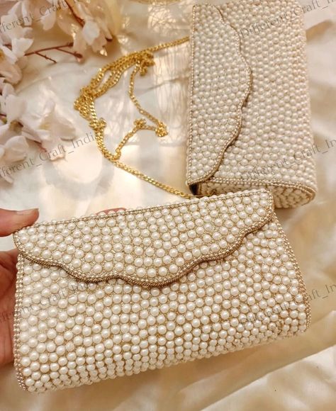 White Pearl Beaded Mosaic clutch purse for women Elegant pearl bead bag for brides Bead Bag, Pearl Clutch, Luxury Clutch, Mini Accessories, Purse For Women, Beaded Bags, Unique Charms, White Pearl, Clutch Purse