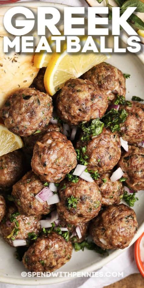 These oven-baked Greek meatballs are very juicy and full of flavor yet simple to prepare. #spendwithpennies #greekmeatballs #appetizer #meatballs #bakedmeatballs #easymeatballs Greek Meat Balls, Dinner Party Entrees Main Dishes, Meditarian Diet, Greek Meatballs Recipe, Greek Foods, Greek Dinners, Greek Meatballs, Meatball Recipes Easy, Appetizer Meatballs