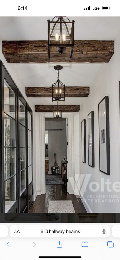 Hallway With Beams And Pendants, Wood Beam Ceiling Hallway, Hallway Beams Entryway, Hallway With Beams, Beams In Hallway, Hallway Beams, Hallway Remodel, Unique Hallway, Beams Ceiling