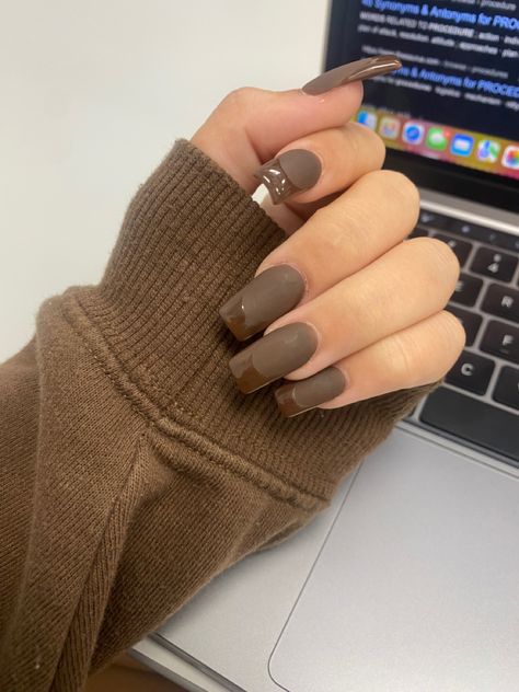 Matte Gloss French Tip, Brown Matte French Nails, Brown Deep French Nails, Brown French Tip Nails Matte, Matte Brown Nails With Shiny Tip, Matte Glossy French Tip, Brown Matte Glossy French Tip, Matte Nails With Glossy Tips, Glossy French Tip Nails