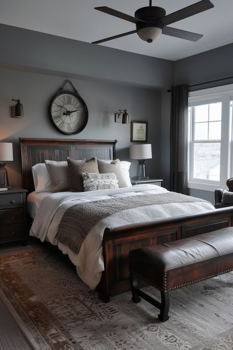 Rustic bedrooms bring nature indoors with wood panels, stone accents, and cozy woolen throws. Click for more ideas. Bedroom Grey Walls, Cabin Inspired Bedroom, Cozy Rustic Bedroom, Rustic Bedrooms, Rustic Bedroom Ideas, Reclaimed Wood Bed Frame, Wrought Iron Bed Frames, Light Wood Bed, Rustic Farmhouse Bedroom