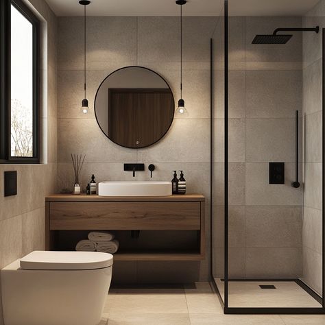 Compact Modern Bathroom Design with Grey Tiles and Warm Wood Counter | Livspace Black Accent Bathroom, Bathroom Design Small Minimalist, Minimal Bathroom Design, Accent Bathroom, Bathroom Inspo Interior Design, Eclectic Bathroom Design, Luxury Minimalism, Chill House, Bathroom Layout Plans