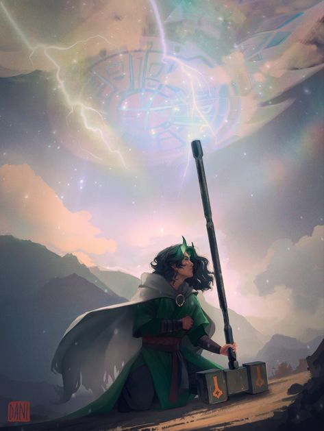 A mage man with shining green horns kneels on the ground, clinging to his huge battle hammer. In the sky, a massive shield fills the space above the clouds. He has a look of determination and strength on his face. Cradle By Will Wight, Unsouled Cradle Fan Art, Unsouled Cradle, Cradle Series Will Wight, Character Background, Asian Style Art, Fandom Art, The Shield, Character Inspo