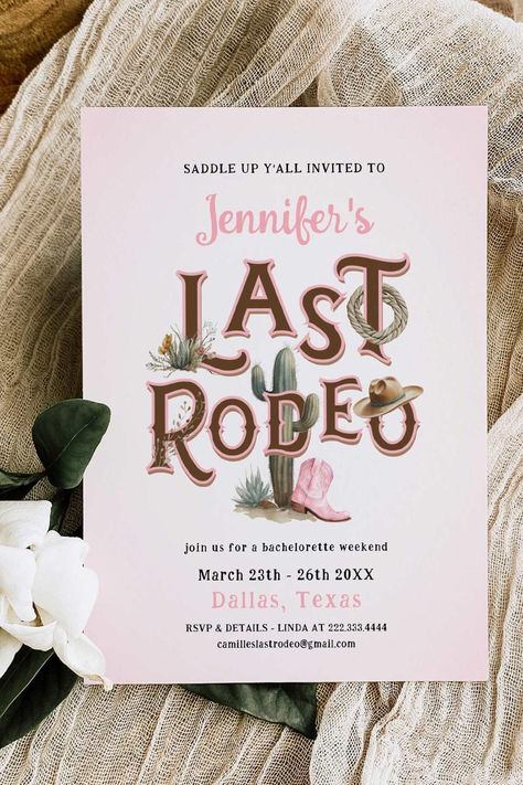 Cowgirl Last Rodeo Bachelorette Invitation Tea Invite, Western Invitations, Last Rodeo Bachelorette, Rodeo Bachelorette, Bachelorette Weekend Itinerary, Last Rodeo, Retro Cowgirl, Bachelorette Invitation, Bachelorette Itinerary