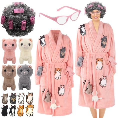 PRICES MAY VARY. Cat Costume for Women Set: you will get 1 piece of pink robe and 4 pieces of stuffed cat in 4 different styles, 1 piece of old lady pink cat eyeglasses, 8 pieces of hair curlers, 1 piece of old lady wig and 8 pieces of felt cat patches, nice combination, and sufficient quantity to meet your party needs and replacements Quality Materials for Comfort: our cat robe is made of quality coral fleece, which is soft, cozy, and comfortable to wear; The wig is made of polyester, which is Cheap White Masks For Costume Party, Plus Size Pink Ladies Costume, Cat In Dress Pattern, Luxury Artistic Masquerade Mask For Mardi Gras, Cat Costumes Women Dress, Cheap Pink Halloween Costume Accessories, Cheap Fun Halloween Costume Accessories, Walmart Costumes For Women, Cat Dress For Wedding