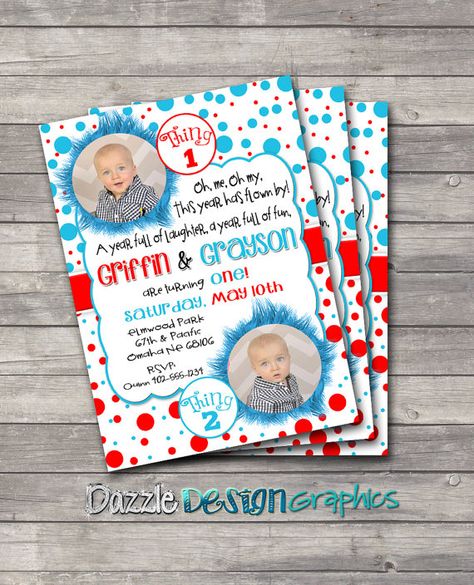 Printable Twin Thing 1 and Thing 2 by DazzleDesignGraphics on Etsy Dr Seuss Party Ideas, 2 Birthday Party, Double Birthday Parties, Thing 1 And Thing 2, Twin Birthday Parties, Thing One, Seuss Party, Twins 1st Birthdays, Twin First Birthday