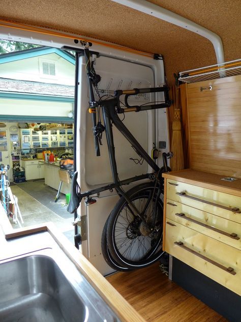 Mountain bike storage Mountain Bike Storage, Bike Storage In Van, Kangoo Camper, Sprinter Conversion, Big Bed, Van Storage, Rv Travel Trailers, Sprinter Van Conversion, Kombi Home