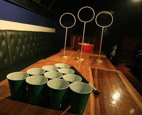 Harry Potter Quidditch Beer Pong Harry Potter Beer Pong, Quidditch Pong, Harry Potter Beer, Harry Potter Dinner, Movie Dinner, Pong Game, Harry Potter Quidditch, Trick Shots, Golden Snitch