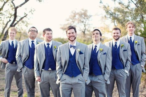 Custom Made Gray Jacket Blue Vest Gray Pants, Bespoke Suit Tuxedos ... Wedding Suits Men Blue, Vista West Ranch Wedding, Light Gray Wedding, Gray Suits, Men In Suits, Royal Blue Wedding, Groom Tuxedo, Groomsmen Suits, Tuxedo Wedding