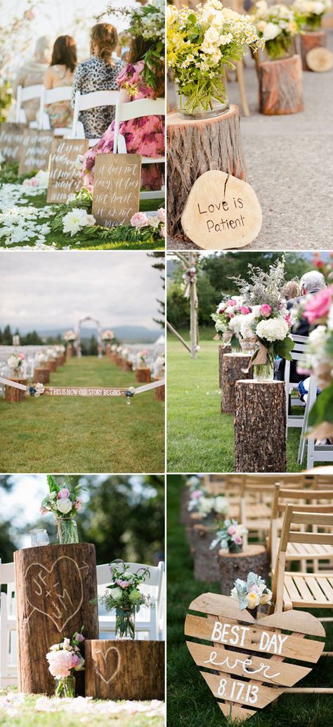 country rustic wedding aisle ideas decorated with wooden signs Aisle Ideas, Deer Wedding, Aisle Decorations, Tree Stumps, Aisle Flowers, Woodsy Wedding, Wedding Aisle Decorations, Friends Wedding, Wedding Rustic