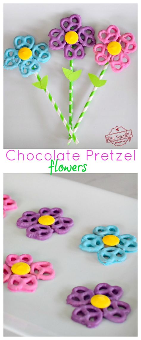 Chocolate Covered Ideas, Party Food Cheap, Pretzel Flowers, Easy Spring Treats, Chocolate Covered Pretzels Recipe, Pretzel Recipe, Pretzel Treats, Chocolate Covered Pretzel, Spring Treats