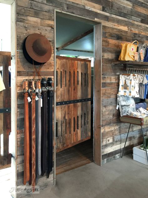 Pallet wood fitting room door and wall at Homme by Nature, in Makawao, Maui / funkyjunkinteriors.net Makawao Maui, Cowboy Store, Pallet Door, Cowboy Town, Fitting Rooms, Clothing Store Interior, Western Shop, Wall Tiles Design, Wood Walls