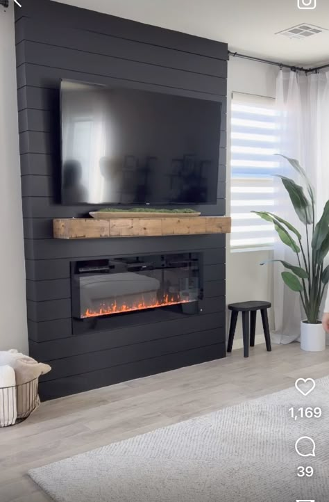 Black Built In Fireplace And Tv, Black Shiplap Electric Fireplace Wall With Tv, Black Fireplace Wall Shiplap, Tv Fireplace Wall Ideas Built Ins Shiplap, Black Shiplap Fireplace Wall With Tv, Black Fireplace Tv Wall, Shiplap Tv Wall With Fireplace, Electric Fireplace Ideas With Tv Bedroom, Tv Accent Wall With Fireplace