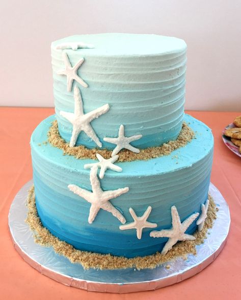 Under Water Cake Ideas, Seaside Cake Ideas, Beach Theme Cakes Birthday Simple, Beach Theme Retirement Cake, 50th Birthday Beach Theme, Sea Theam Cake Design, Easy Beach Theme Cake, Easy Ocean Theme Birthday Cake, Starfish Birthday Cake