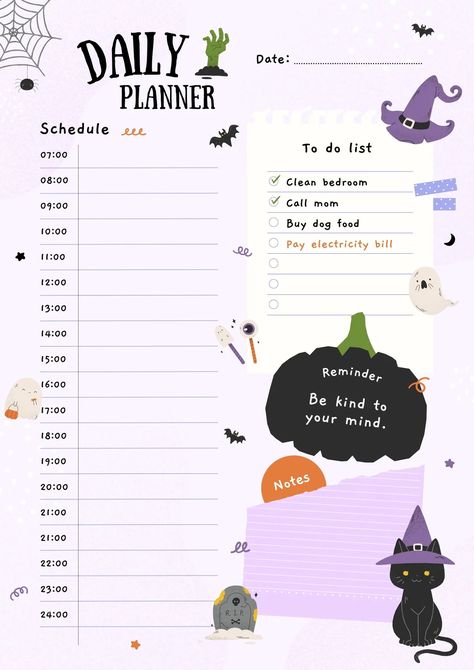 Purple Black Cute Playful Halloween Daily Planner A4 🤍purple, cute, planner, daily, halloween, personal, bullet journal, journal, notes, to do list🤍#canva #canvatemplate #freetemplate #hallooween Halloween Daily Planner, Printable Meal Planner Monthly, Halloween Planner, A4 Template, Weekly Schedule Planner, Purple Cute, Paper Halloween, Journal Notes, Kids Planner