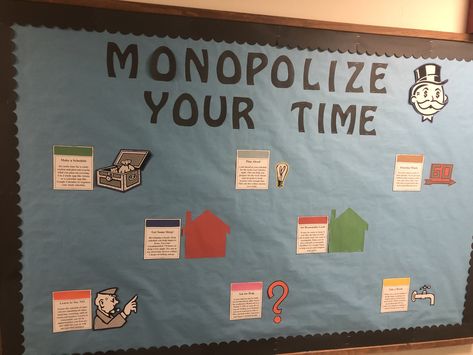 Monopoly Door Decs, Monopoly Ra Theme, Monopoly Bulletin Board, Time Management Bulletin Board, Monopoly Classroom, Door Name Tags, Monopoly Theme, Dorm Themes, Baruch College