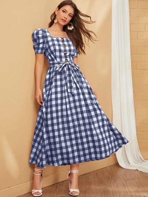 Frock For Women, Checkered Dress, Fashion Attire, Designs For Dresses, Moda Vintage, Spring Summer Dress, Gingham Dress, Handmade Dresses, Western Dresses