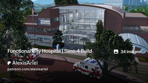 Functional City Hospital | Sims 4 Build | AlexisAriel Sims 4 Hospital, Lotes The Sims 4, Staff Lounge, Hospital Signs, City Hospital, Hospital Design, Sims 4 Build, Emergency Room, Sims 4 Mods