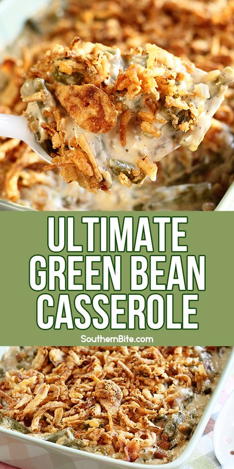 This recipe for Green Bean Casserole takes the classic dish up a notch by adding bacon, mushrooms, and cheese! It's a new Thanksgiving side dish must-have! Xmas Side Dishes, Southern Green Bean Casserole, Green Bean Casserole With Cheese, Green Bean Casserole Recipes, Veg Casserole, Ultimate Green Bean Casserole, Best Green Bean Casserole, Crispy Fried Onions, Green Bean Casserole Recipe