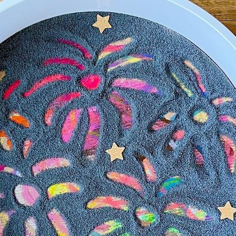 Sally on Instagram: "Firework Art & Sensory Activity Follow @raisinglittlejess for more easy art & sensory ideas! We’ve been creating some fireworks in our sensory @inspiremyplay play tray using some salt we dyed. Salt makes a great base for mark making, so this tray has been a great invitation to work on those skills. We started out creating the base using @littlebrianpaintsticks and whilst that dried we dyed the salt. We wanted to make sure the salt was properly dry so we left it for a few days, before we sieved it so that it was lovely and fine, and ready for use. Don’t forget to save for later!!" Ice Tuff Tray Ideas, Dry Messy Play, Diwali Sensory Activities, Firework Tuff Tray Ideas, Bonfire Night Tuff Tray, Diwali Tuff Tray Ideas, Bonfire Night Activities, Diwali Games, Firework Art