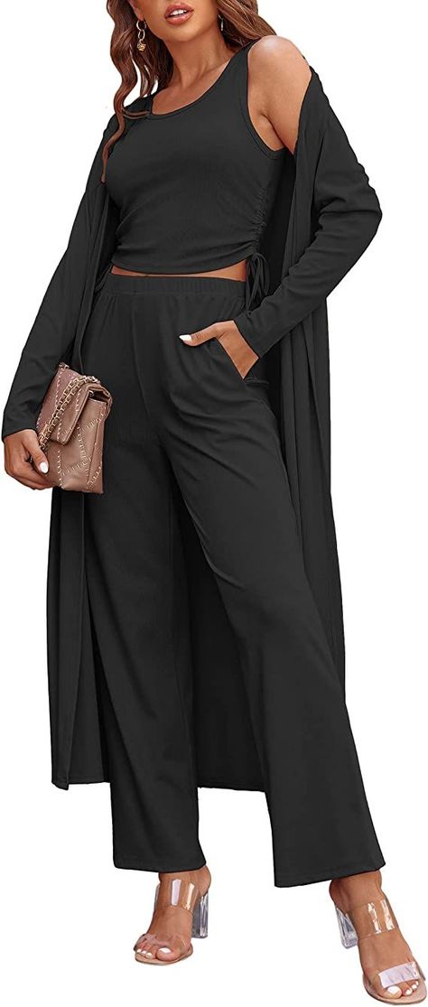 - Women's 3 piece loungewear set - Comes in Multiple colors Jumpsuit And Cardigan, Knit Lounge Set, Vest Crop Top, Maxi Dress Cocktail, Casual Cardigans, Maxi Dress Formal, Cardigan Vest, Sweaters And Leggings, Sleeveless Jumpsuits