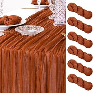 Fall Banquet Table Decorations, Cheap Thanksgiving Table Settings, Table Runner Round Table, Thanksgiving Table Settings Elegant, Banquet Table Decorations, Thanksgiving Dinner Decor, Orange Wedding Themes, Gauze Table Runner, Cheesecloth Table Runner