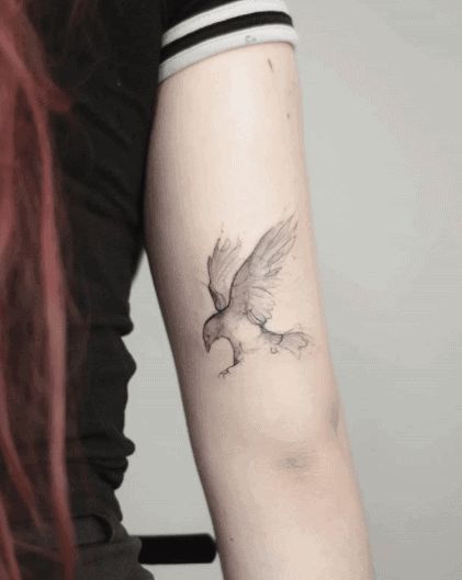 Raven Tattoo - 200+ Crow Tattoo Designs To Inspire You - Tattoo Stylist Raven Woman Tattoo, Girly Raven Tattoo, Crow Fine Line Tattoo, Delicate Crow Tattoo, Huginn And Muninn Tattoo Design, Crow Line Tattoo, Raven Tattoo For Women, Feminine Crow Tattoos For Women, Delicate Raven Tattoo