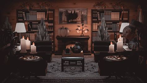 Acnh 2023, Acnh Rooms, Dark Academia House, Dark Academia Kitchen, Dark Academia Living Room, Dark Maximalist, Academia House, Goth Cottagecore, Bear Island