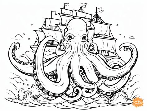 illustration of Adult kraken coloring adventure Kraken Coloring Page, Kraken Illustration, Kraken Drawing, Coloring Page For Adults, Sea Monster, Sea Monsters, Fantasy Fairy, Set Sail, Relaxing Day