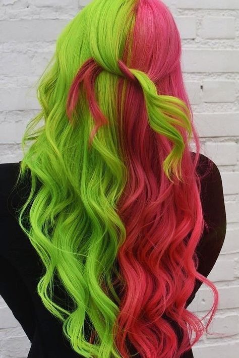 Sophisticated Green Hair Looks for a Fresh Style Half Green Half Pink Hair, Green And Pink Split Dye, Pink And Green Hair Ideas, Pink And Green Hair Split, Half Blonde Half Pink Hair, Pink And Green Hair Dye, Green And Pink Hair Color, Hair Color Ideas Half And Half, Hair Color Half And Half