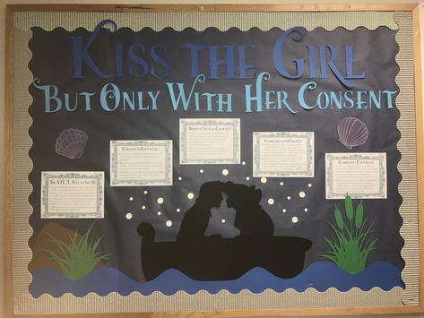 Little Mermaid bulletin board about consent. I found the information online and checked with a supervisor to ensure that it was accurate and beneficial. I am super proud of this! Consent Ra Bulletin Board, Consent Bulletin Board, Consent Bulletin Board Ra, Little Mermaid Bulletin Board, Disney Ra Bulletin Boards, Mermaid Bulletin Board, College Bulletin Boards Residence Life, Ra Where Am I Board, Residence Life Bulletin Boards